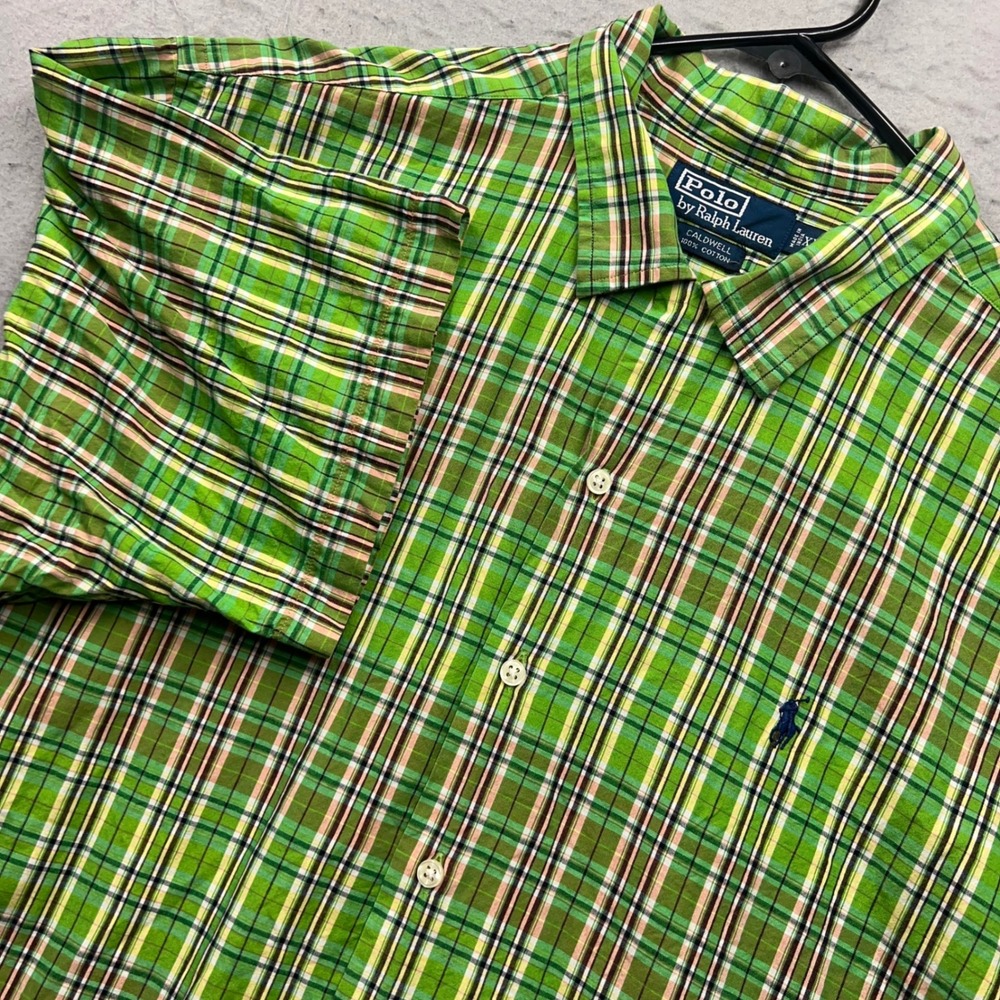 Polo Ralph Lauren Caldwell Shirt Mens XL Green Plaid Cotton Short Sleeve Button